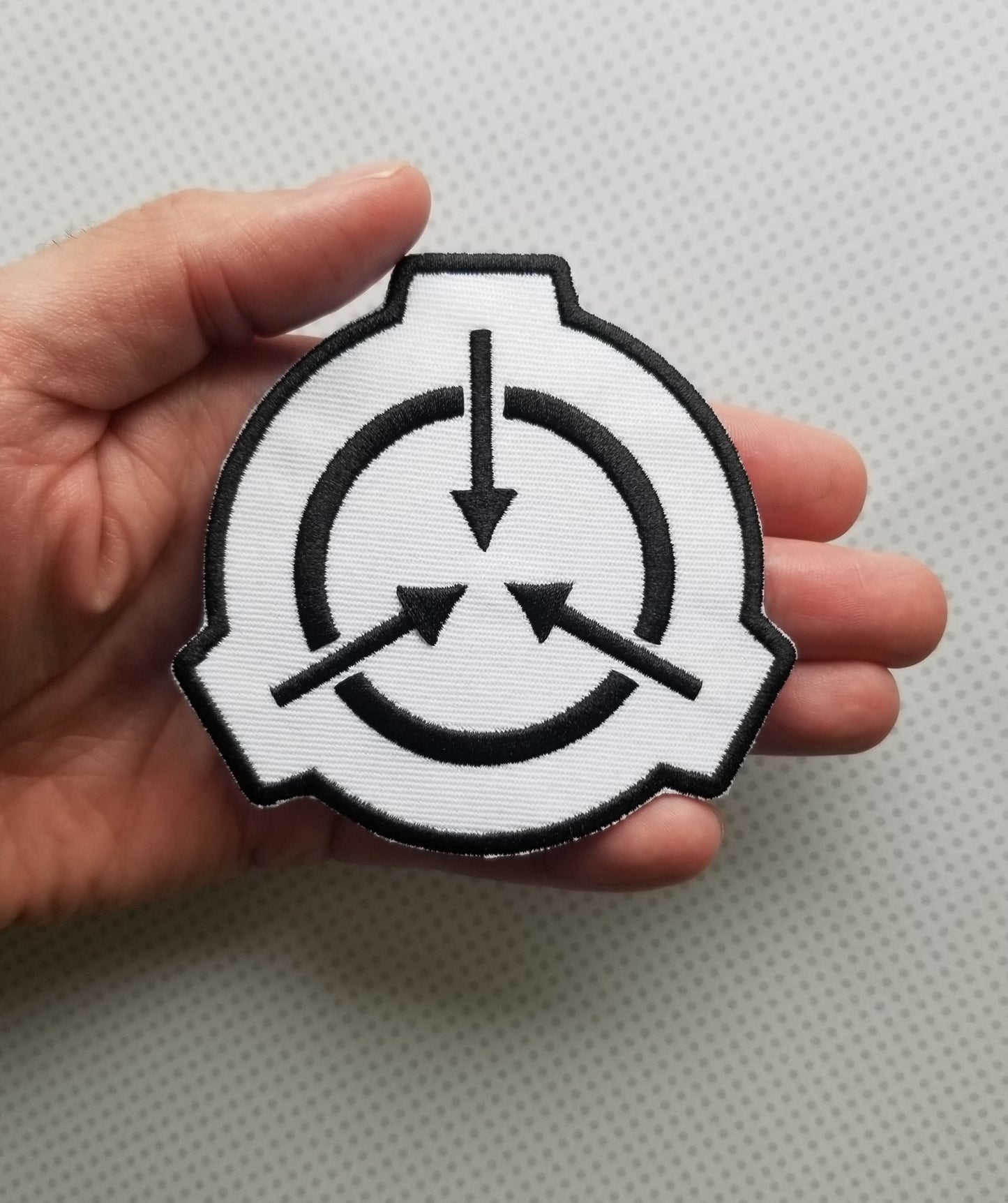 White SCP Logo 3.5 Inch Iron-on Patch